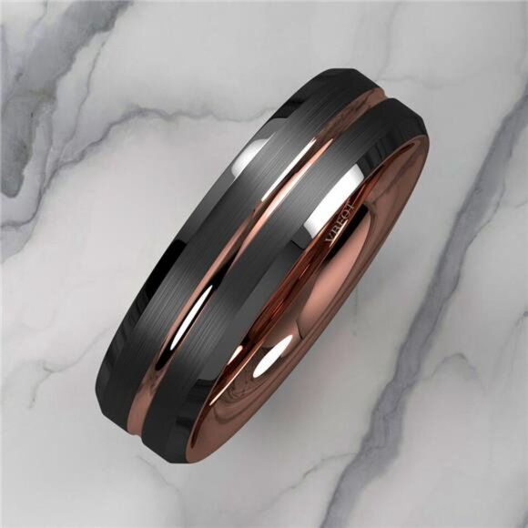 Tungsten Wedding Bands for Women 6mm Black Brushed Rose Gold Rings for Her - Picture 5 of 7